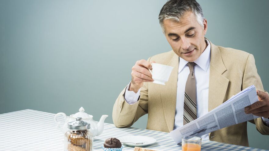 A man drinks tea to improve his potency